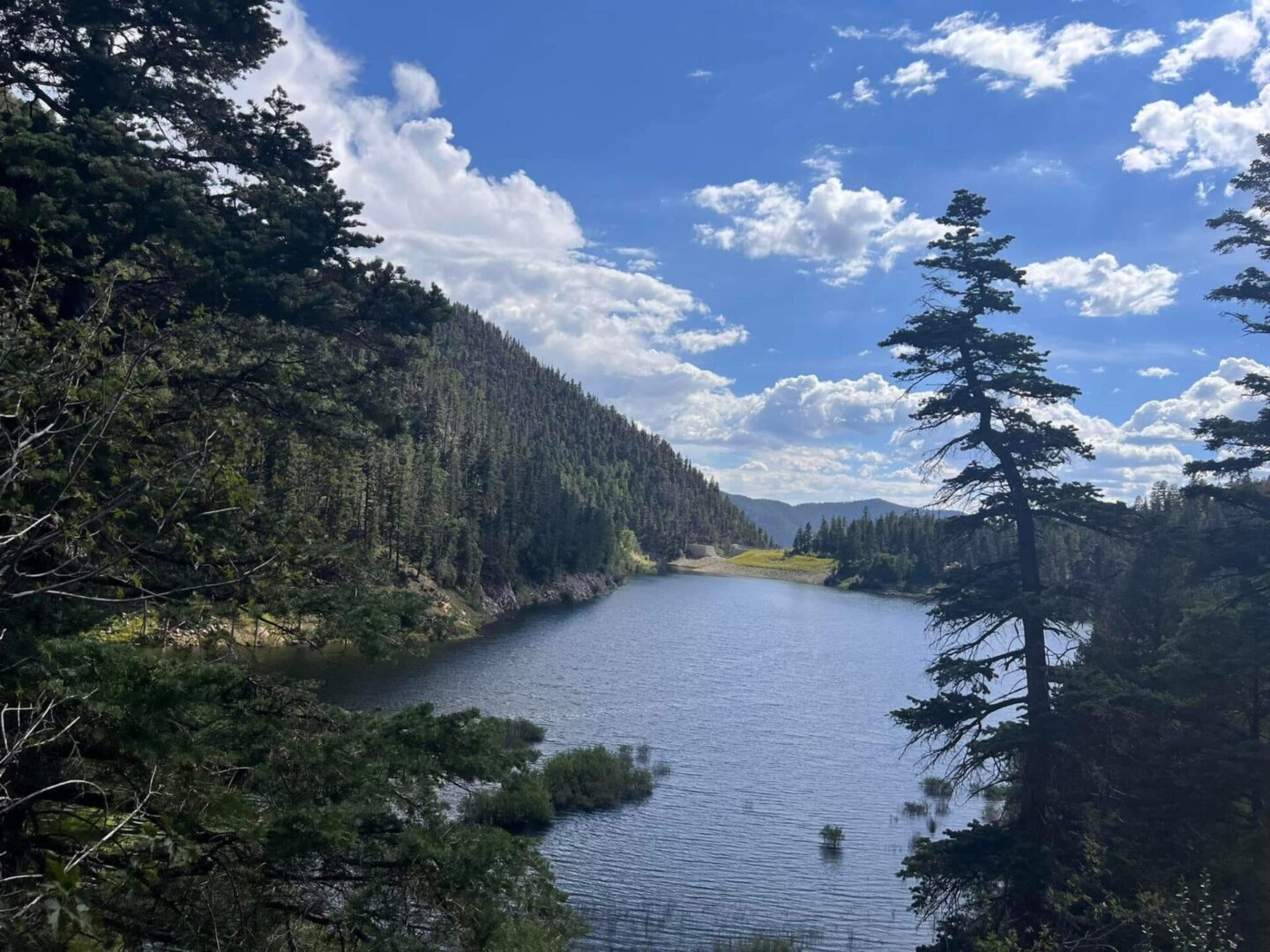 A body of water surrounded by trees and mountains.