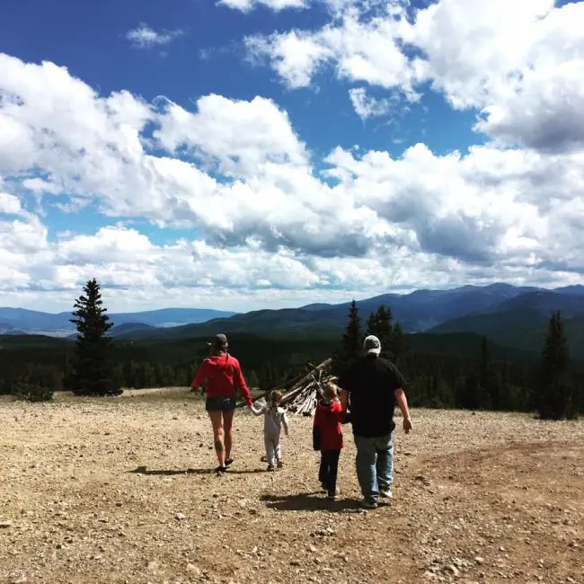 A family walking in the mountains holding hands.